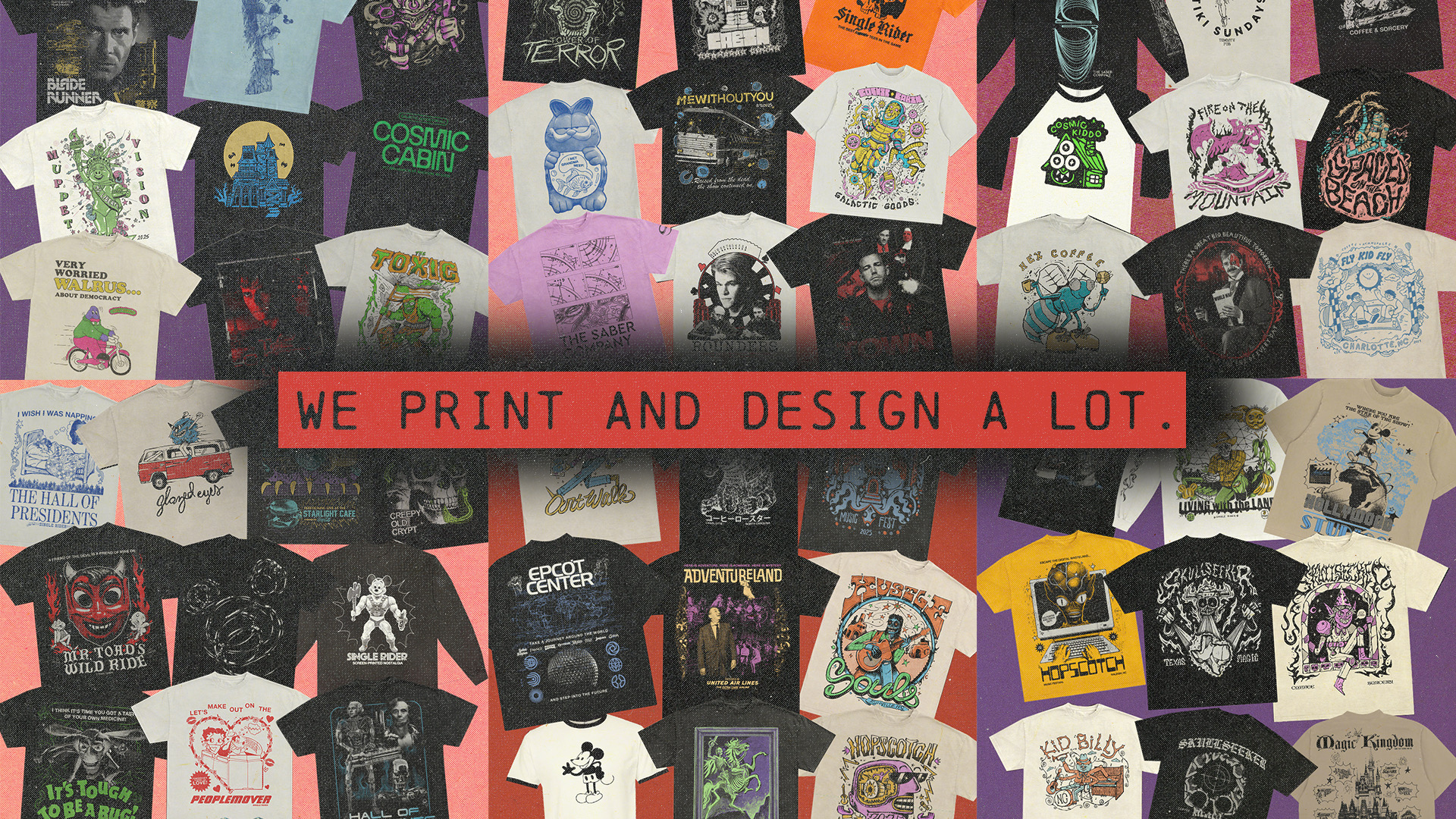 A collage of screen-printed t-shirts we've made